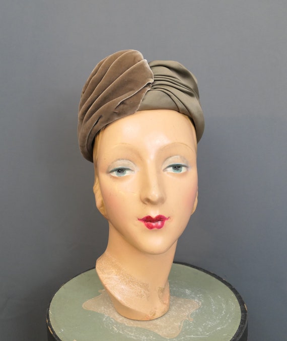 Vintage Velvet & Satin Hat, Light Brown Turban St… - image 5