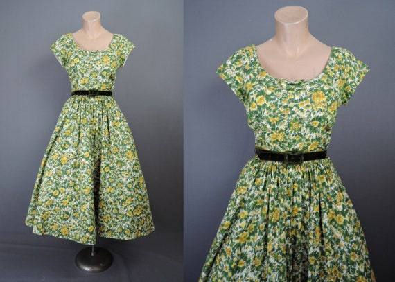 Vintage 1950s Floral Dress Yellow 35 inch bust, Je