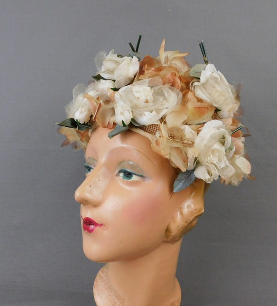 Vintage Ivory and Beige Floral Hat 1960s, Modern … - image 8