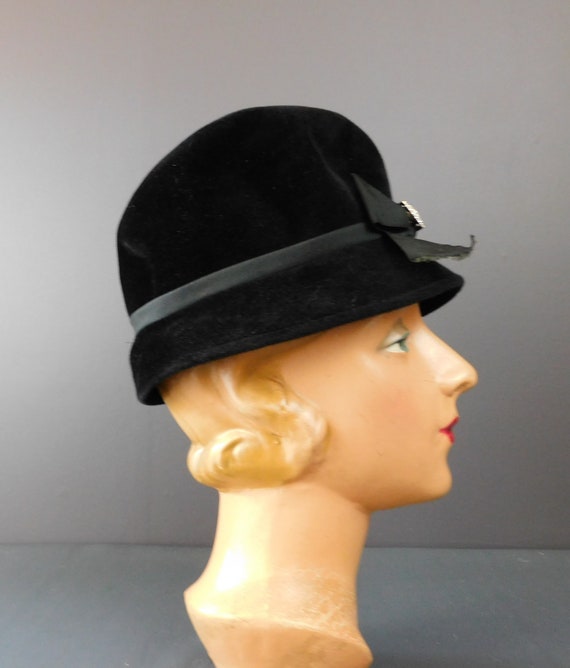 Vintage Black Plush Velour Hat, Tall 1960s with R… - image 3