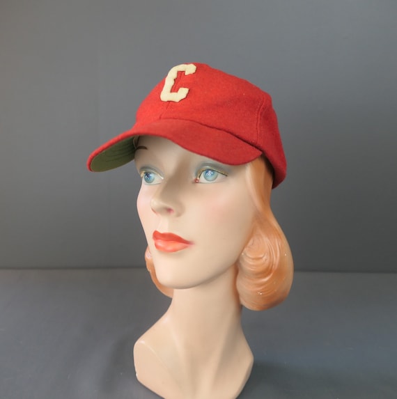Vintage Red Wool 'C' Baseball Cap Hat, 1950s 1960… - image 1