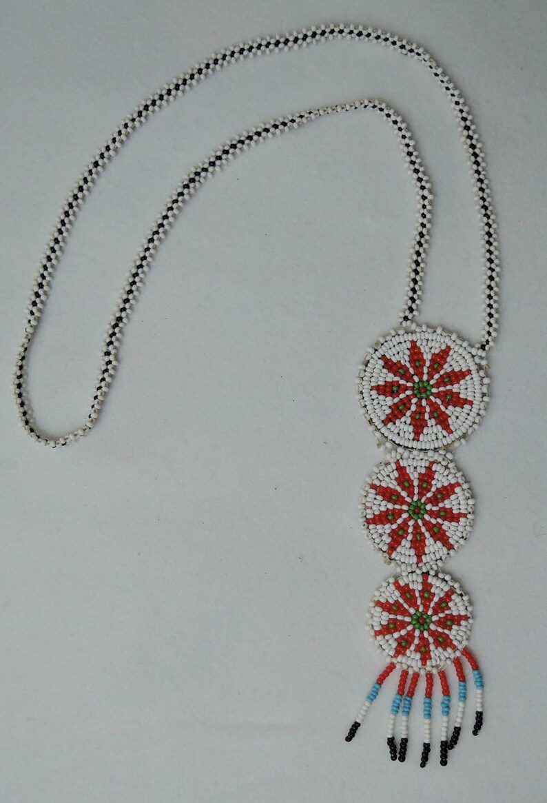 Native American Hand Made Souvenir with leather back Vintage Beaded Necklace