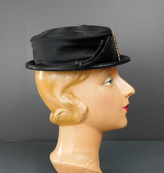 Vintage Black Straw Tilt Hat with Rhinestone Buck… - image 2
