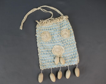 Antike gehäkelte Handgelenk Geldbörse mit Blau Futter, Vintage 1900s Handgemachte Irische Spitze, Cottage Kern, Romantisch, Feminin