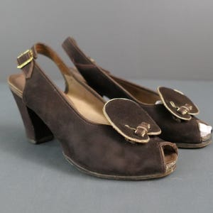 Vintage Brown Suede 1930s Shoes with Gold Trim, Slingback Peep Toes, US size 4-1/2