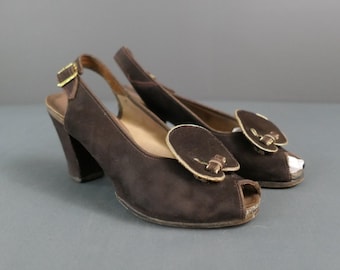 Vintage Brown Suede 1930s Shoes with Gold Trim, Slingback Peep Toes, US size 4-1/2