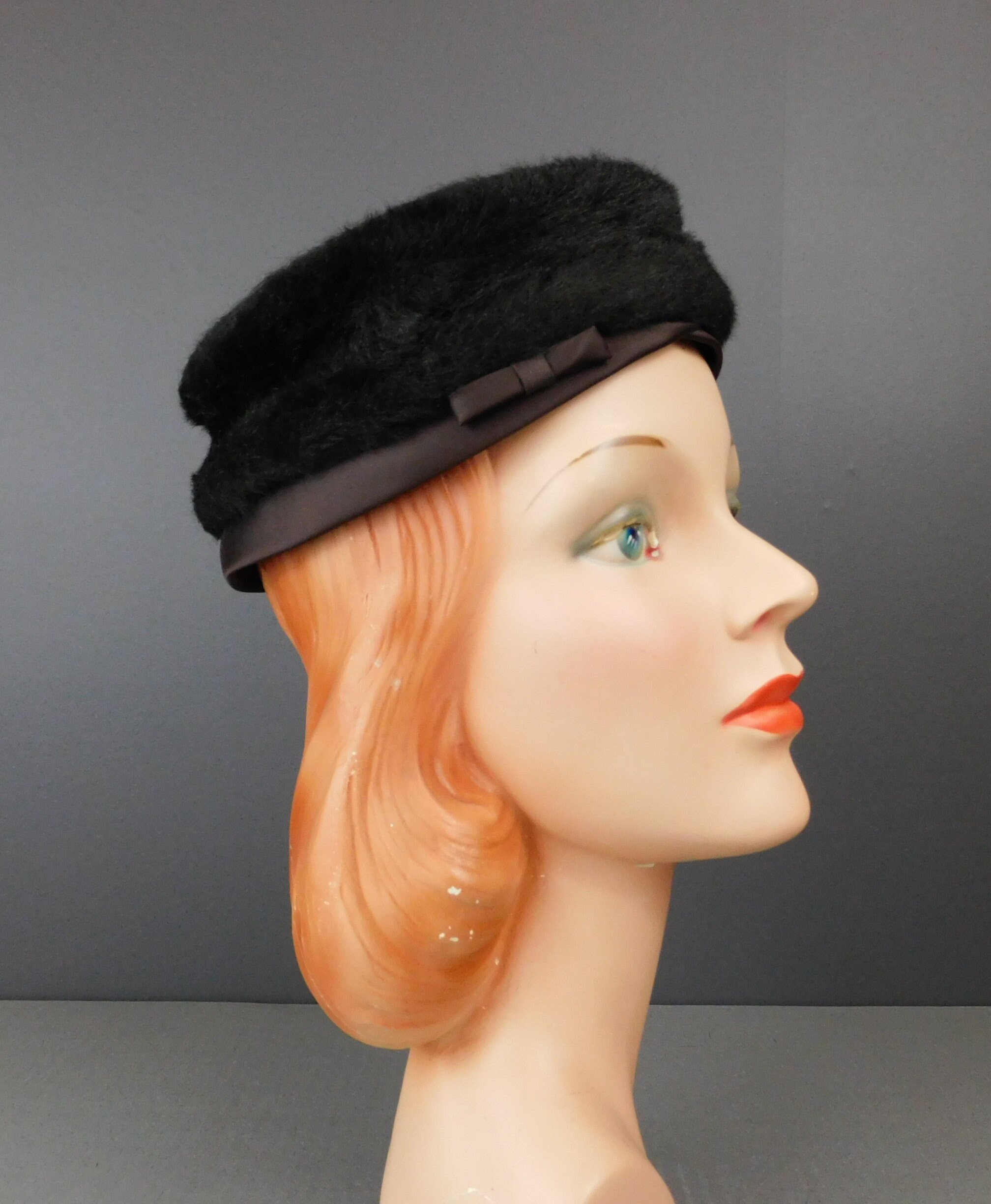 Vintage Dark Brown Faux Fur Pillbox Hat 