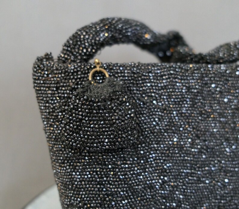 Vintage Black Beaded Evening Purse 1930s 1940s Sparkle Party Bag 8x6 inches image 7