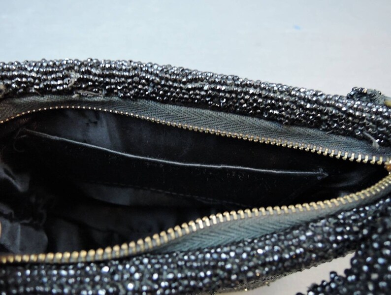 Vintage Black Beaded Evening Purse 1930s 1940s Sparkle Party Bag 8x6 inches image 9