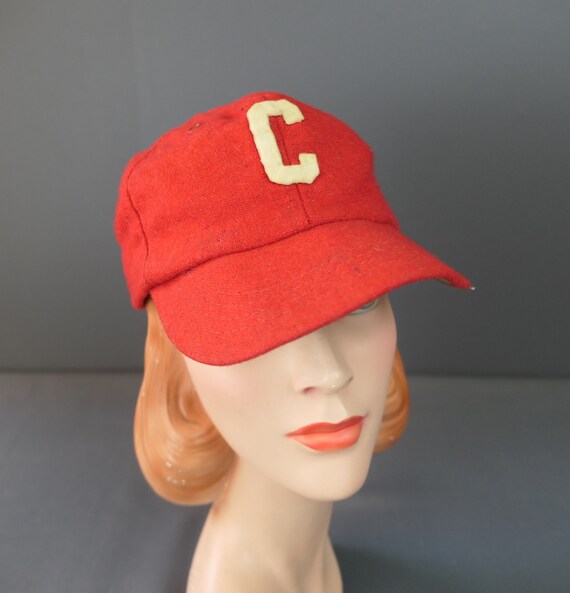 Vintage Red Wool 'C' Baseball Cap Hat, 1950s 1960… - image 3