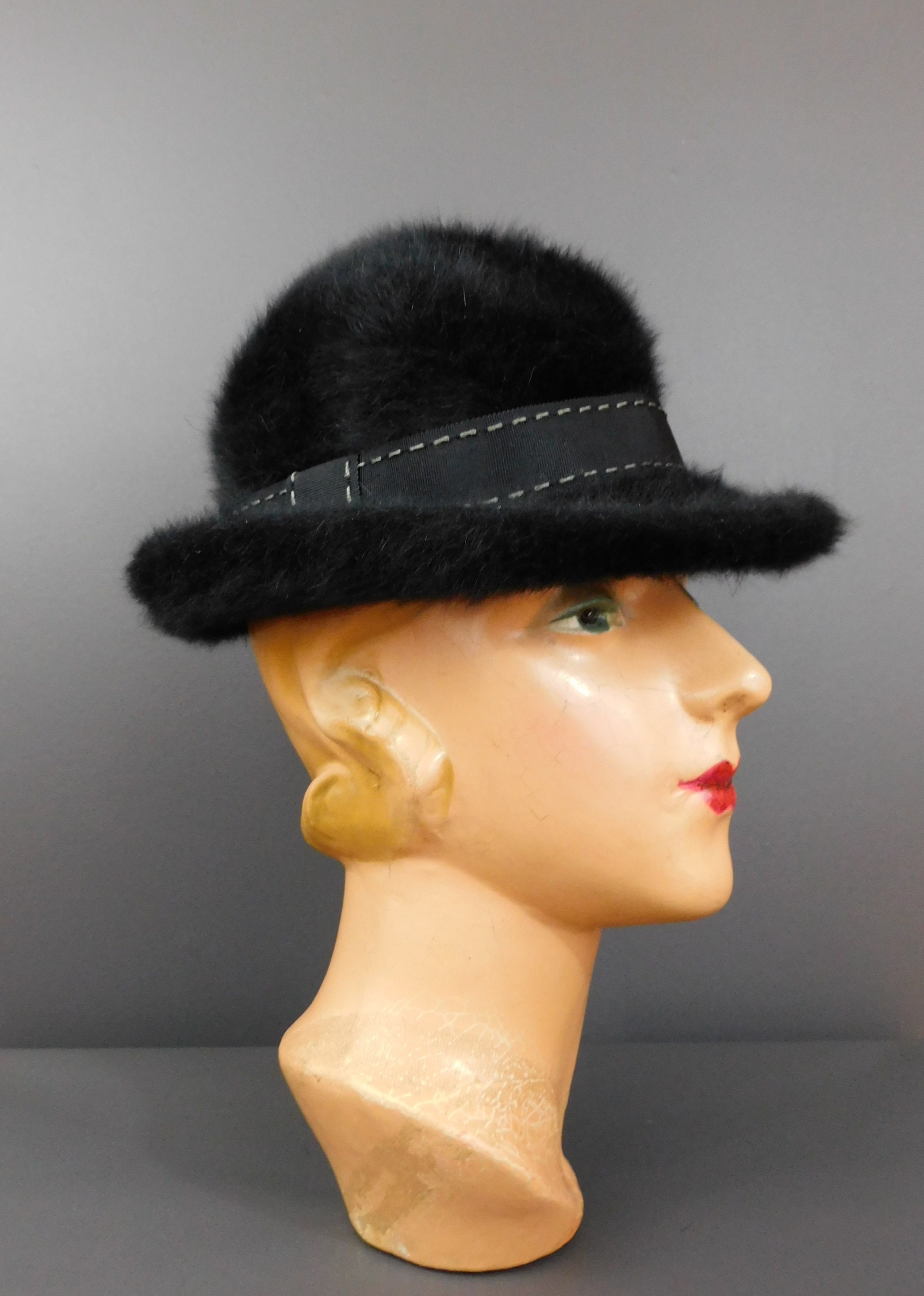 Vintage Black Fuzzy Angora Kangol Hat 