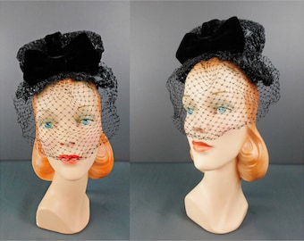 Vintage 1940s Black Straw Topper Hat, Veil, Netting and Velvet Bow, Rudy Siller