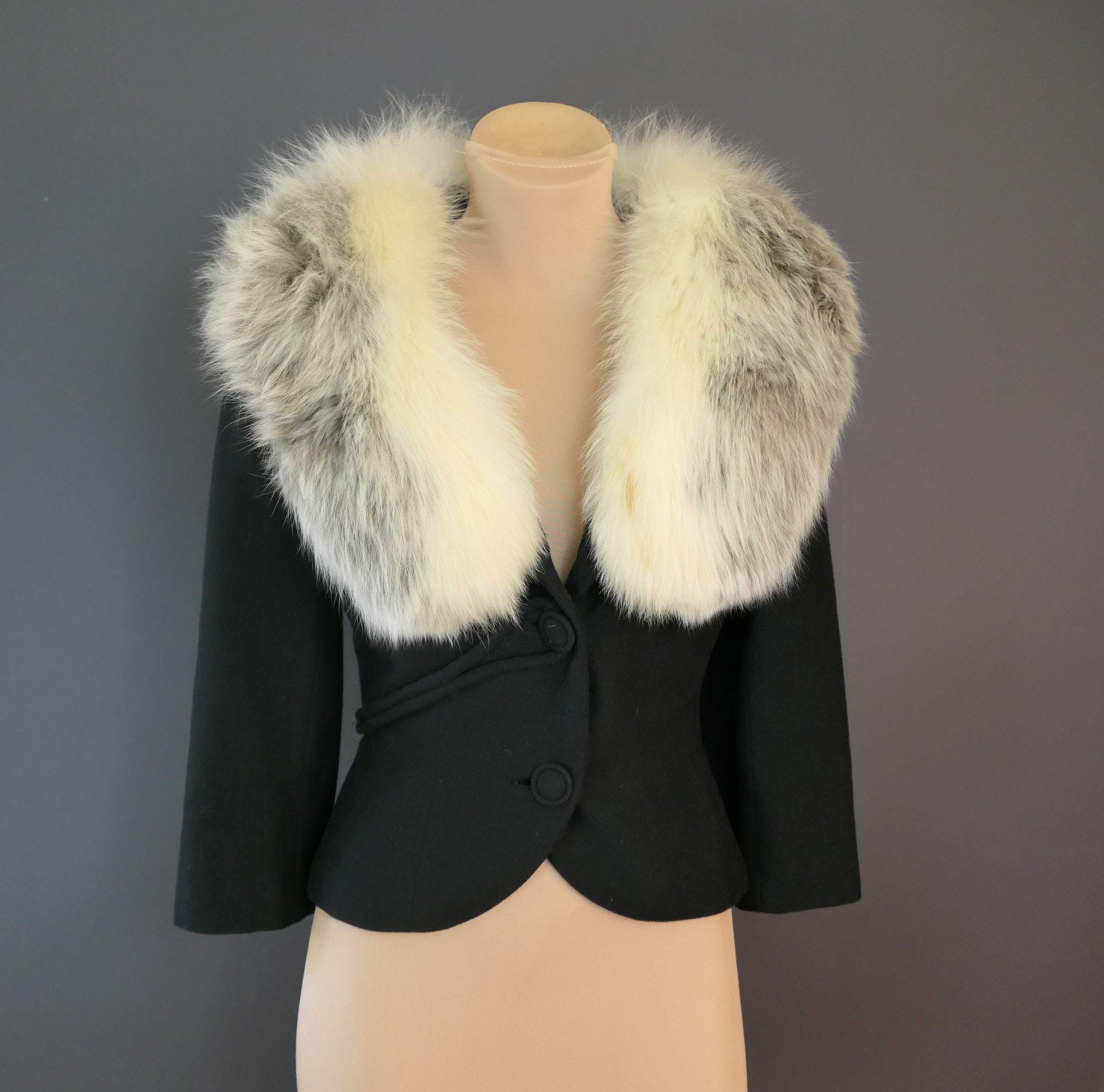 Vintage 1950s Don Loper Fitted Jacket, Black Wool With Fox Fur  display picture 1