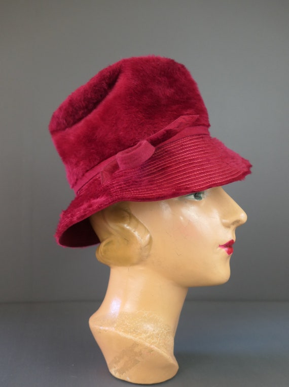 Vintage Dark Red Plush Hat 1960s fits 21 inch hea… - image 2