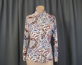 Vintage Blue & Brown Print Nylon Blouse, 1970s 38 bust, dagger collar