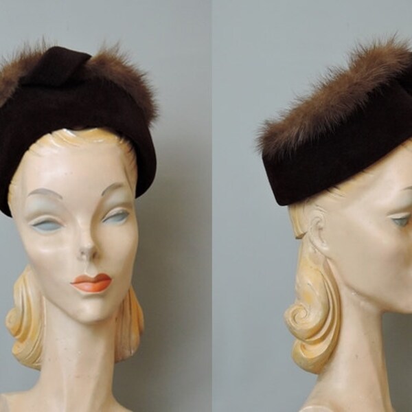 1940s Hat with Fur Trim, Brown Plush Wool Velour Hat Mink Fur Trim, fits 23 inch head