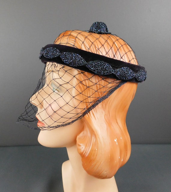 Vintage Blue Velvet Ring Hat with Netting and Bea… - image 7