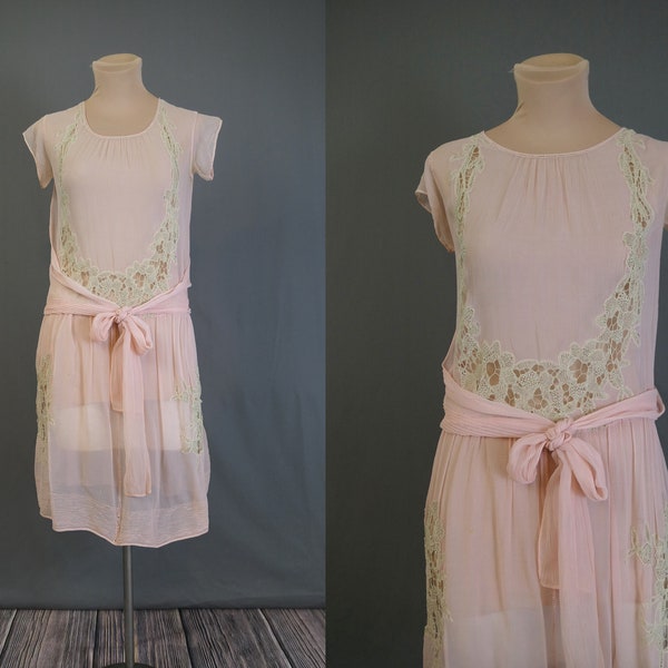Vintage 1920s Sheer Pink Dress, Silk Crepe & Lace, Sleeveless, Flapper 32 bust, with issues, Fair condition