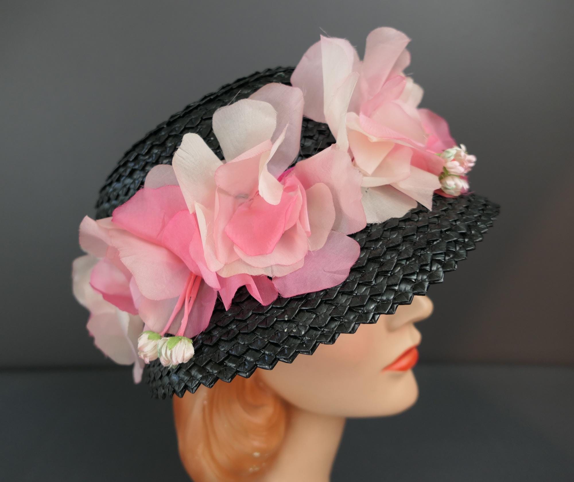 Vintage Black Straw Hat With Pink Flowers, 1960s, 22 Inch  display picture 2