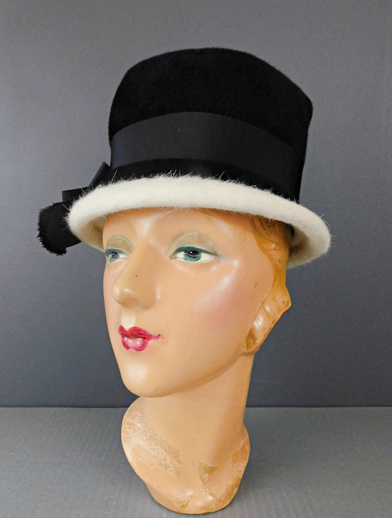 Vintage Black & White Tall Felt Hat 1960s Mr. Joh… - image 6