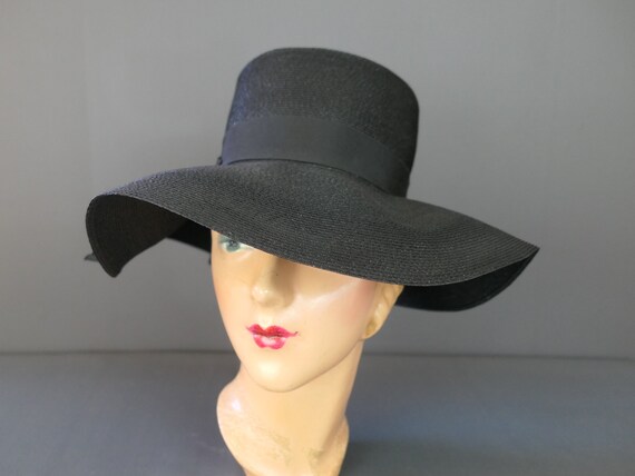 Vintage Black Straw Hat with Wide Soft Brim, 1960… - image 8