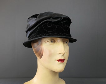Vintage 1920s Black Velvet Hat with Silk Satin and Cord Trim, short brim, 21 inch head