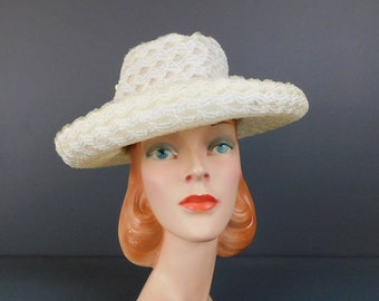 Vintage Sheer Woven Hat, Off White with Wide Brim, 1960s, 21 inch head