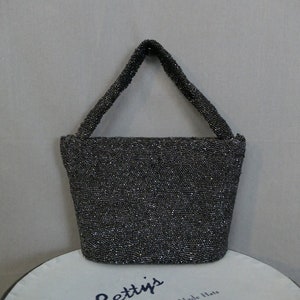 Vintage Black Beaded Evening Purse 1930s 1940s Sparkle Party Bag 8x6 inches image 1