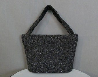 Vintage Black Beaded Evening Purse 1930s 1940s Sparkle Party Bag 8x6 inches