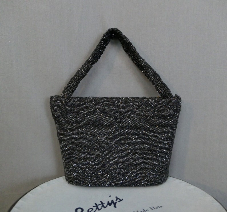 Vintage Black Beaded Evening Purse 1930s 1940s Sparkle Party Bag 8x6 inches image 1