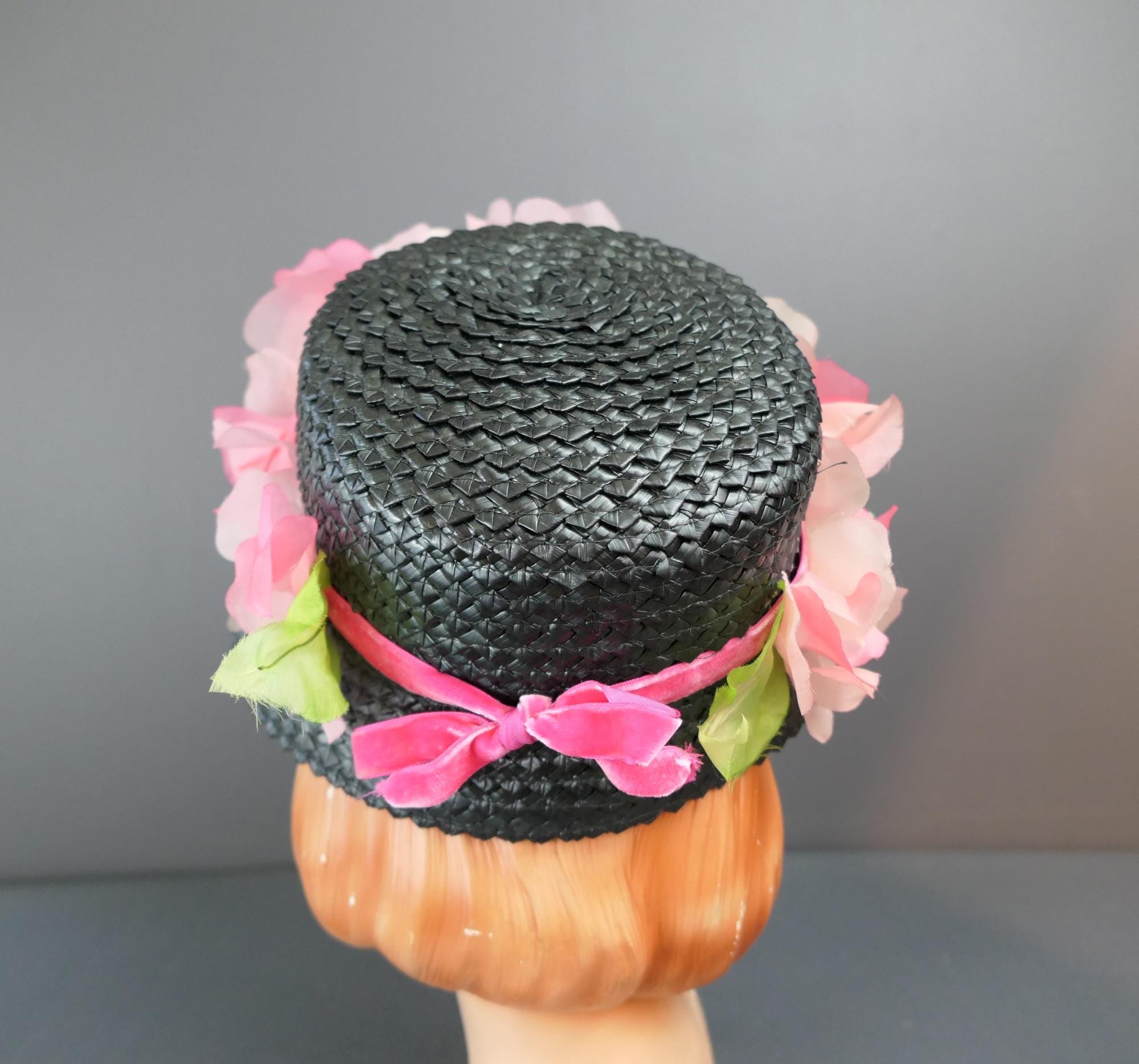 Vintage Black Straw Hat With Pink Flowers, 1960s, 22 Inch  display picture 1