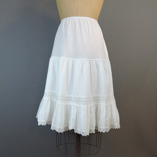Vintage White Cotton Petticoat, 1960s Lace Slip, 24 to 28 inch waist, cotton blend half slip