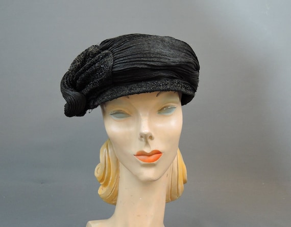 Vintage 1910s 1920s Hat Black Straw Fabric, As Is