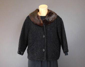 Vintage 1960s Faux Persian Lamb Jacket - Rabbit Fur Collar, 36" Bust
