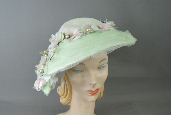 Vintage Light Green Floral Tulle Hat, Wide Brim 19