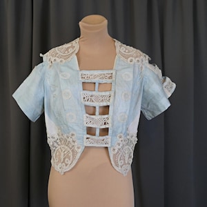Antique Edwardian Blouse Shirt, 1900s Blue & White Linen with Super Fancy Lace, 38 bust