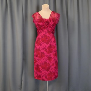 Vintage Red Floral Chiffon Dress, 1960s Cocktail, Fitted Wiggle, 34 bust