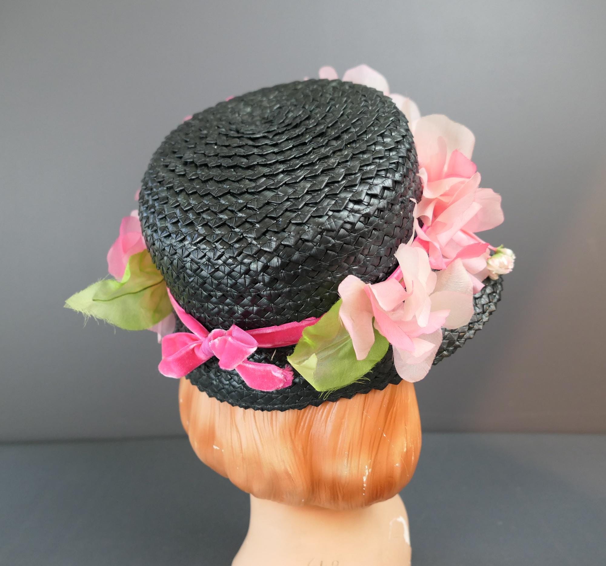 Vintage Black Straw Hat Pink Petal Swag Vintage Black Straw Bucket Hat with Pink Flowers & Velvet  main image 4