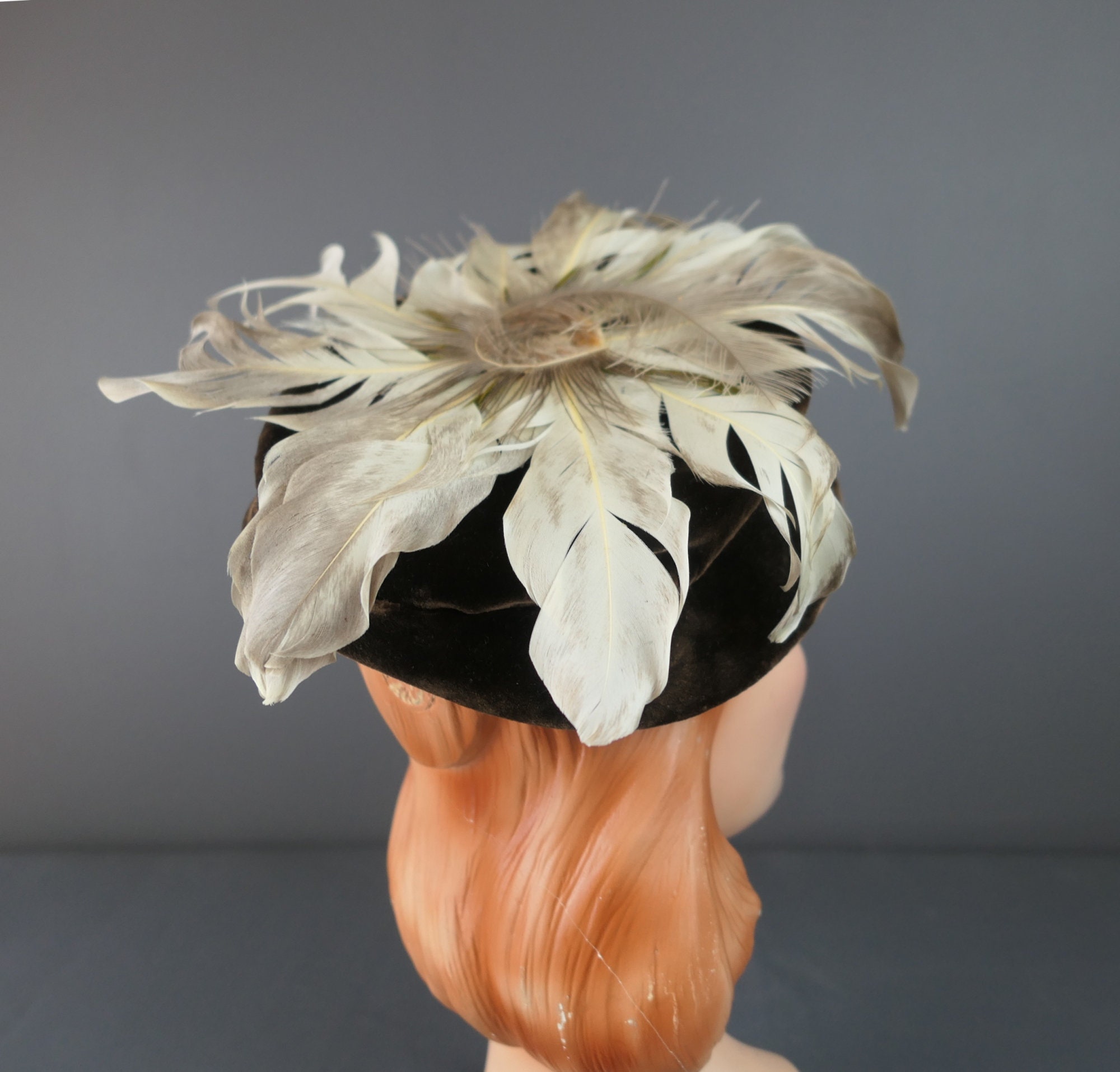 Vintage Brown Velvet Hat With Feathers, 1950s Evening 