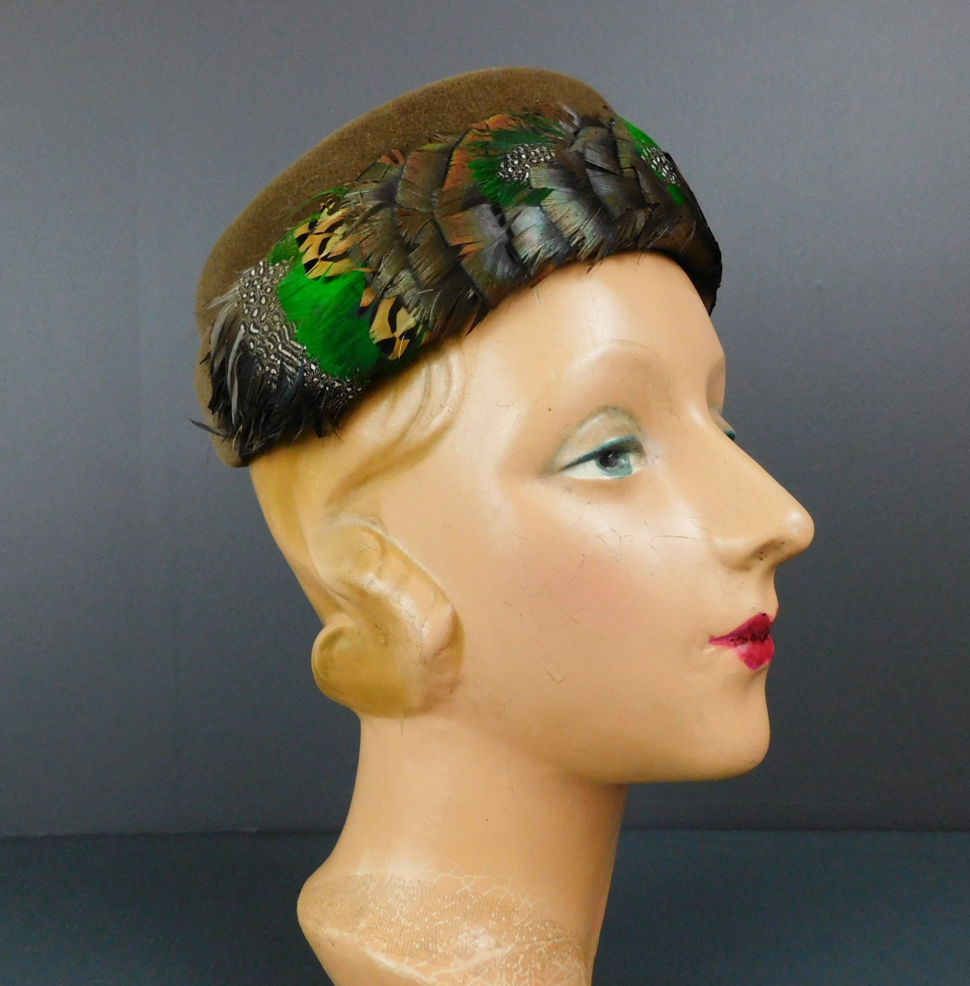 Vintage Brown Velour Hat With Brown & Green Feathers, 1950s 