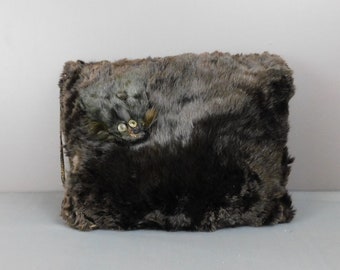 Antique Edwardian Black Fur Hand Muff with Animal Face, 1900s, some issues