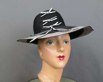 Vintage Wide Brim Hat Black & White Straw with Bows, 1960s, 14 inches, 21 inch head