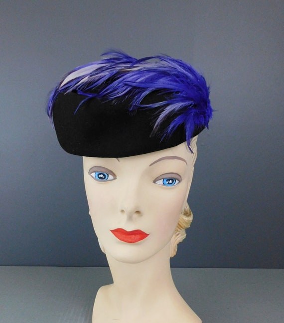 Vintage  Black Felt Hat with Purple Feathers 1950s