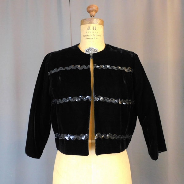 Vintage 1960s Black Velvet Jacket with Sequin Trim, Short Evening Jacket, 36 inch bust