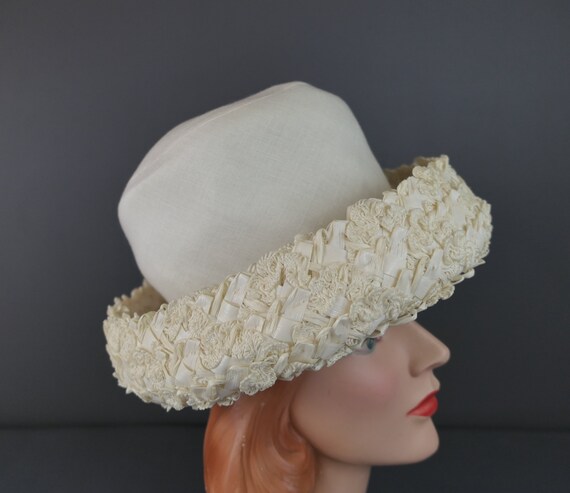 Vintage Ivory Straw & Fabric Hat with Curled Brim… - image 8
