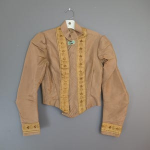Antique 1800s Brown Silk Bodice Jacket with Velvet Trim, Damaged, Altered, XXS 29 inch chest, Display Only
