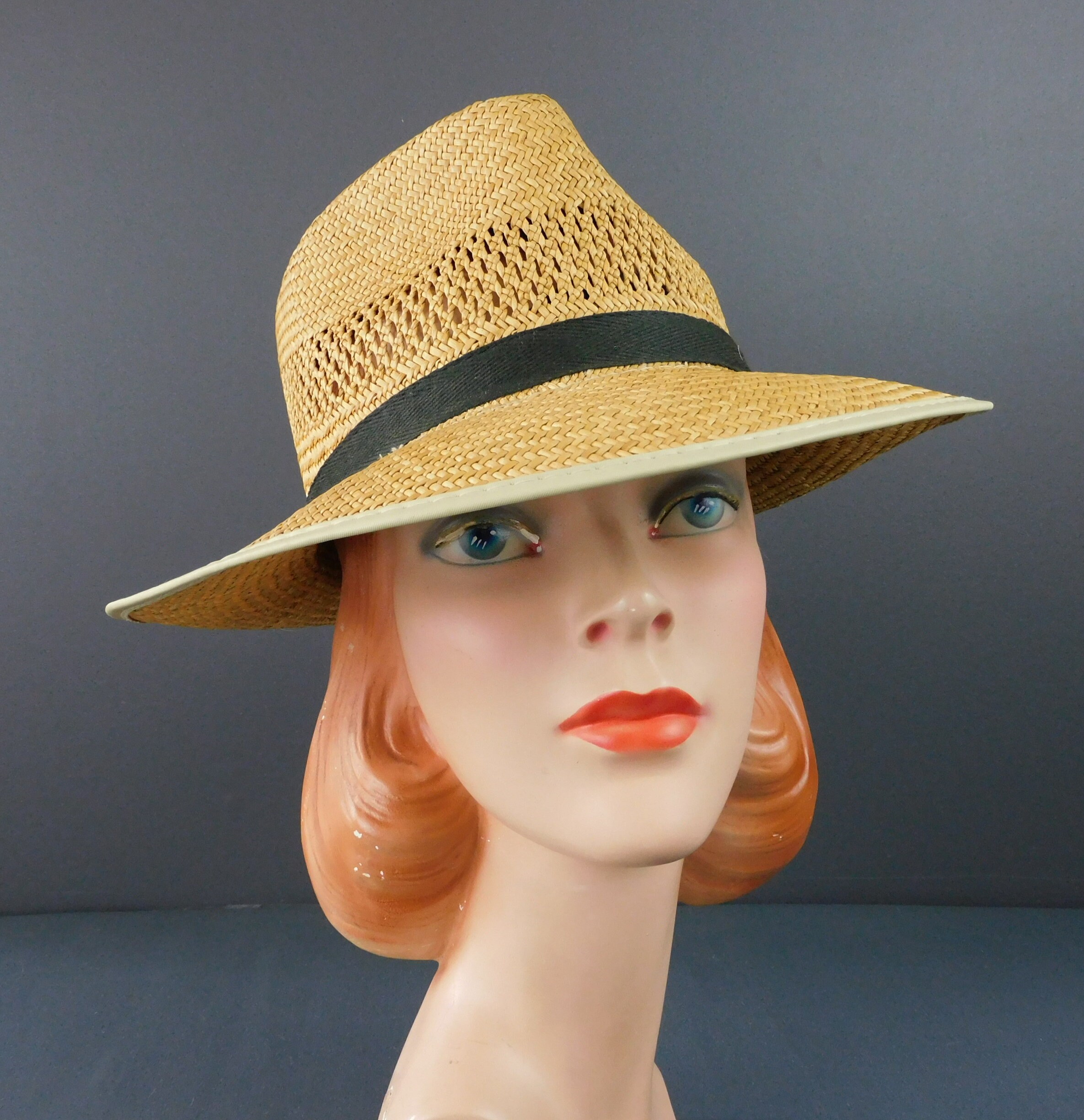 Vintage Straw Fedora Men's Hat 1960s, Medium, 22-1/2 Inch 
