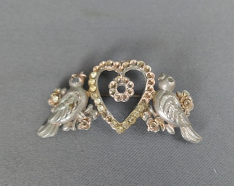 DAMAGED Love Birds & Heart Brooch, 1930s, missing stones, repair restore