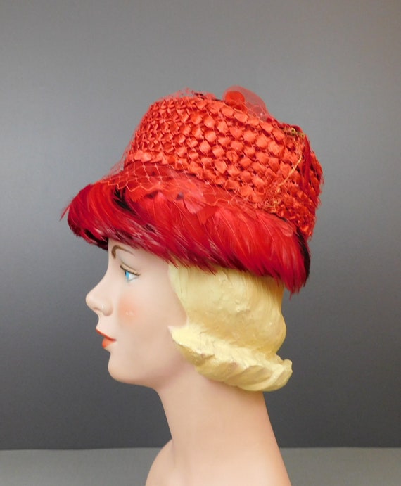 Vintage Red Straw Floral & Feathers Hat 1960s Val… - image 6