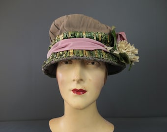 Vintage 1920s Silk Floral Hat with Straw Trim, Green, Brown and Pink, 21 inch